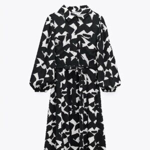 ZARA Black & White Print Midi Belted Shirt Dress, Size M